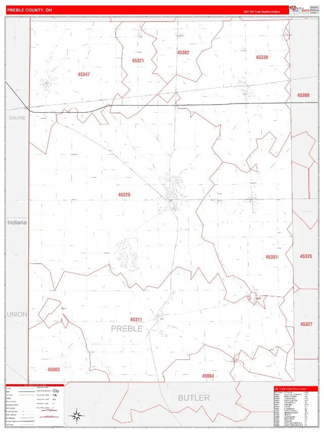 Preble County, OH ZIP Code Wall Map, RedLine style