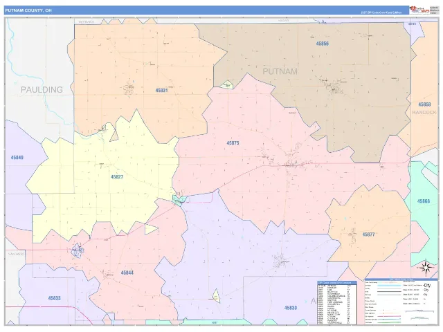 Putnam County, OH ZIP Code Wall Map, ColorCast style