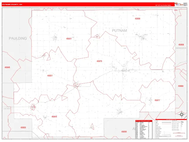 Putnam County, OH ZIP Code Wall Map, RedLine style