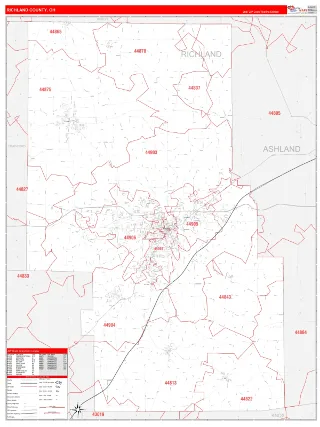 Richland County, OH RedLine style ZIP Code wall map