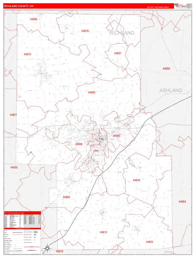 Richland County, OH ZIP Code Wall Map, RedLine style