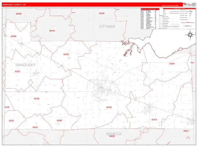Sandusky County, OH ZIP Code Wall Map, RedLine style