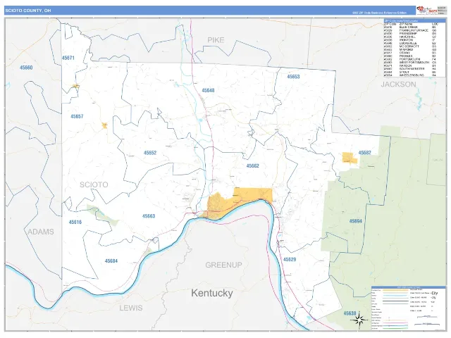 Scioto County, OH ZIP Code Wall Map, Business Reference style