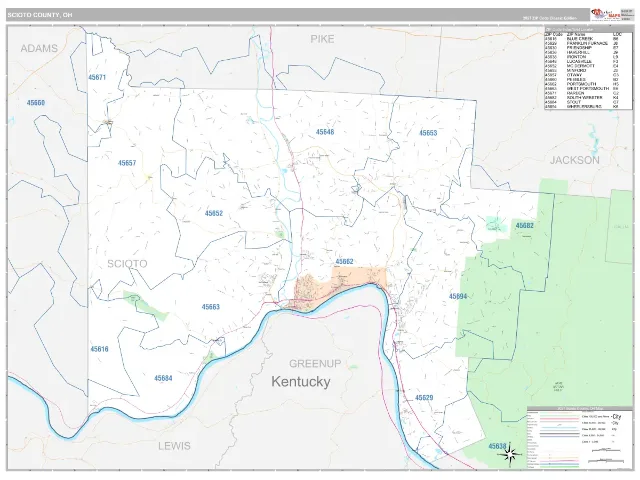 Scioto County, OH ZIP Code Wall Map, Classic style