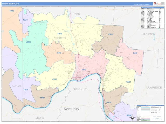 Scioto County, OH ZIP Code Wall Map, ColorCast style