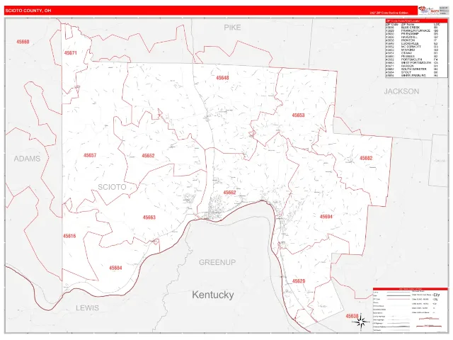 Scioto County, OH ZIP Code Wall Map, RedLine style