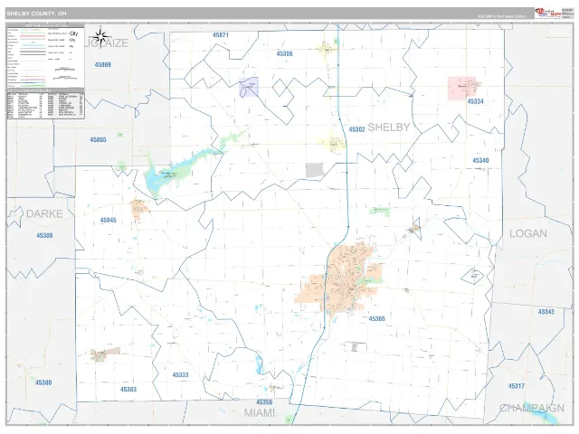 Shelby County, OH ZIP Code Wall Map, Classic style