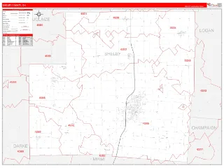 Shelby County, OH RedLine style ZIP Code wall map