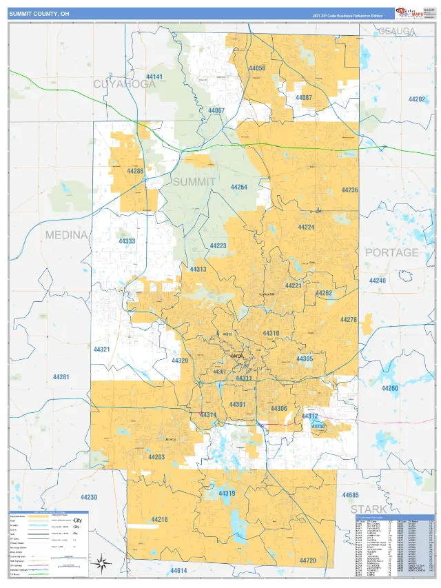 Summit County, OH ZIP Code Wall Map, Business Reference style