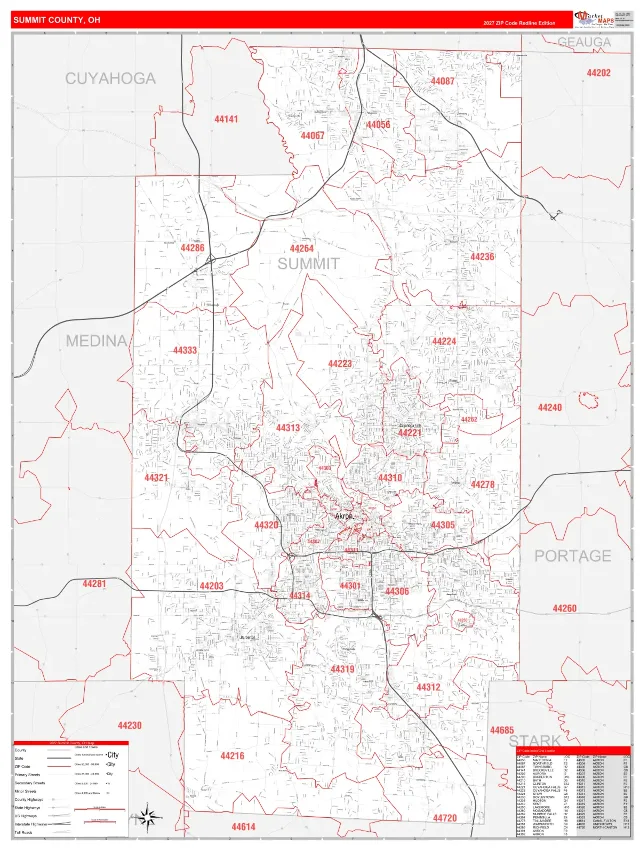 Summit County, OH ZIP Code Wall Map, RedLine style