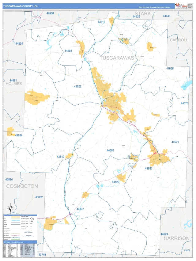 Tuscarawas County, OH ZIP Code Wall Map, Business Reference style