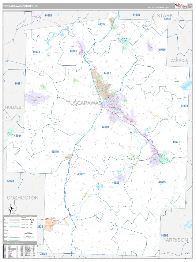 Tuscarawas County, OH ZIP Code Wall Map, Classic style