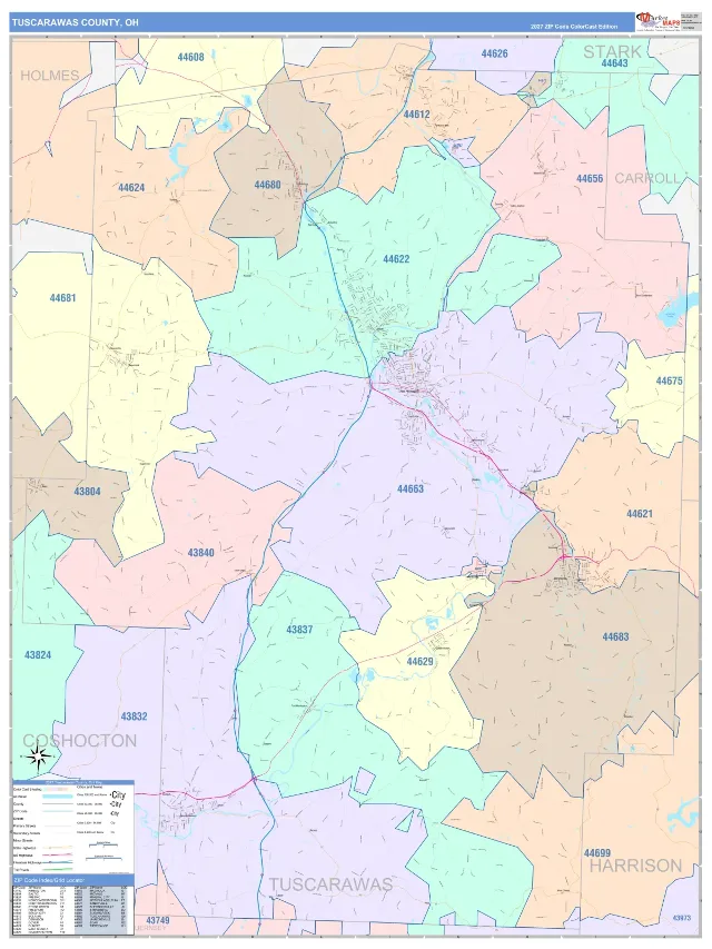 Tuscarawas County, OH ZIP Code Wall Map, ColorCast style