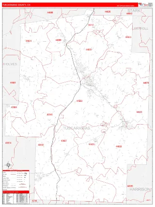 Tuscarawas County, OH RedLine style ZIP Code wall map