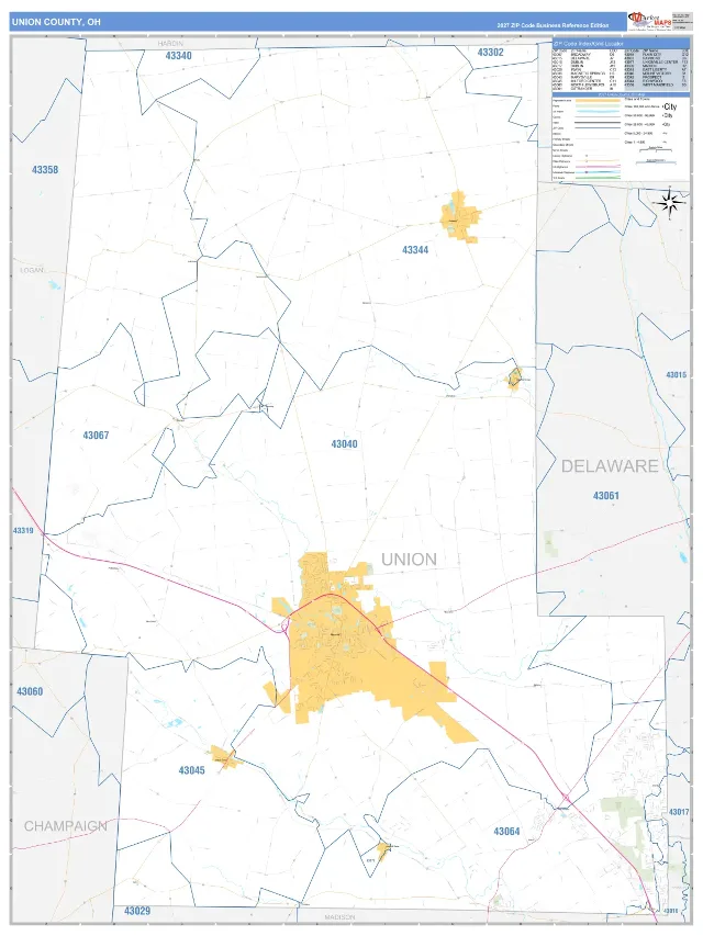 Union County, OH ZIP Code Wall Map, Business Reference style