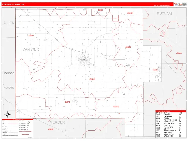 Van Wert County, OH ZIP Code Wall Map, RedLine style