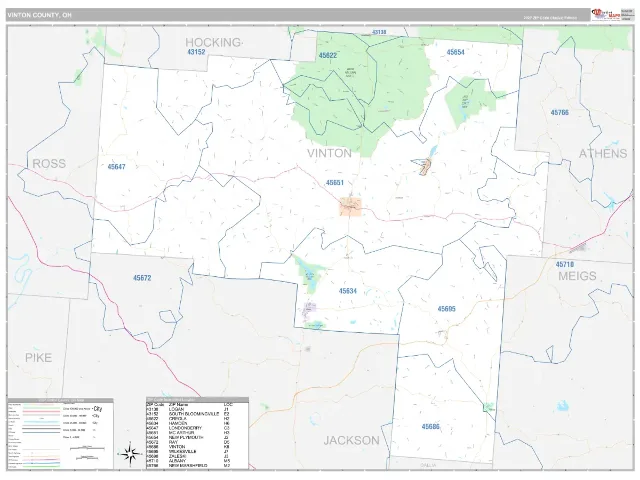 Vinton County, OH ZIP Code Wall Map, Classic style