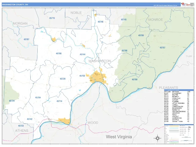 Washington County, OH ZIP Code Wall Map, Business Reference style