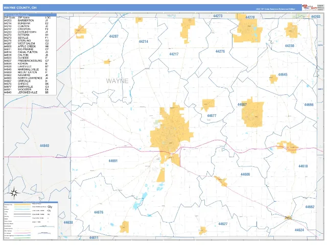Wayne County, OH ZIP Code Wall Map, Business Reference style