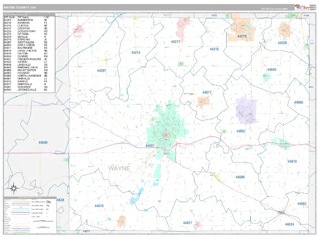 Wayne County, OH ZIP Code Wall Map, Classic style