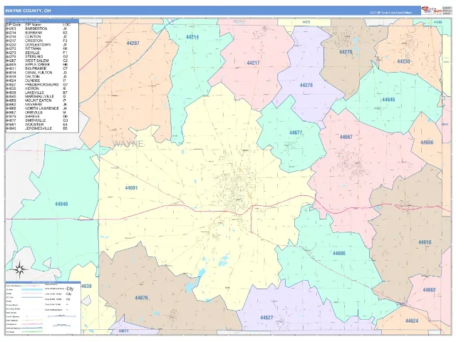 Wayne County, OH ZIP Code Wall Map, ColorCast style