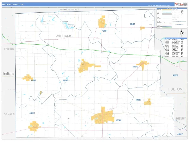 Williams County, OH ZIP Code Wall Map, Business Reference style