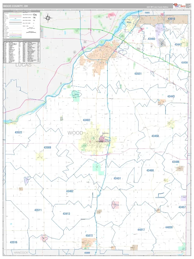 Wood County, OH ZIP Code Wall Map, Classic style