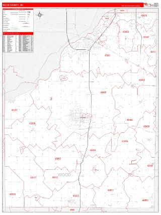 Wood County, OH RedLine style ZIP Code wall map