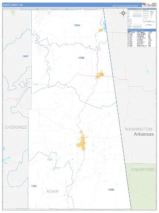 Adair County, OK Business Reference style ZIP Code wall map