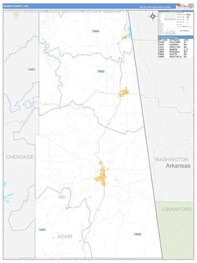 Adair County, OK ZIP Code Wall Map, Business Reference style