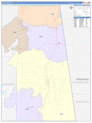 Adair County, OK ColorCast style ZIP Code wall map