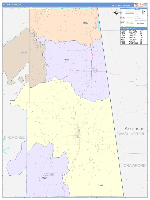 Adair County, OK ZIP Code Wall Map, ColorCast style