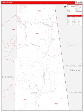 Adair County, OK RedLine style ZIP Code wall map