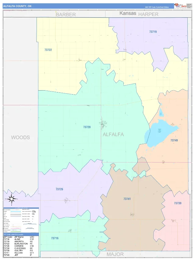 Alfalfa County, OK ZIP Code Wall Map, ColorCast style