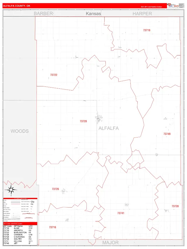 Alfalfa County, OK ZIP Code Wall Map, RedLine style