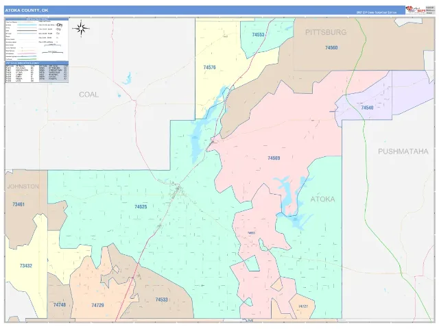 Atoka County, OK ZIP Code Wall Map, ColorCast style