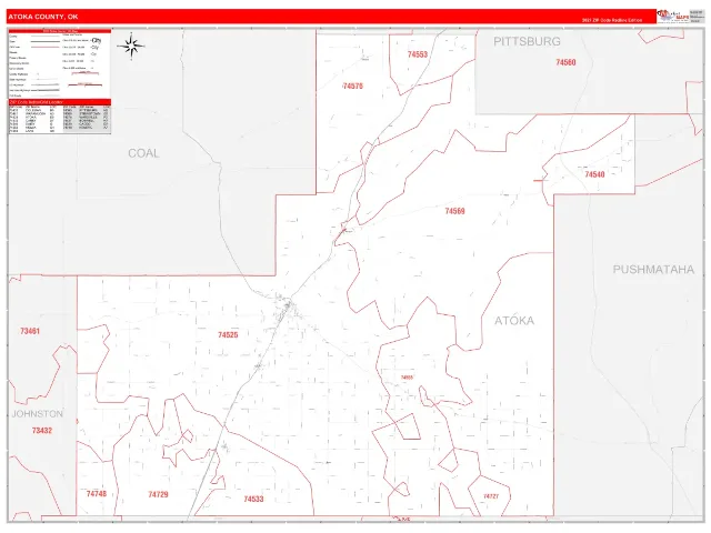 Atoka County, OK ZIP Code Wall Map, RedLine style
