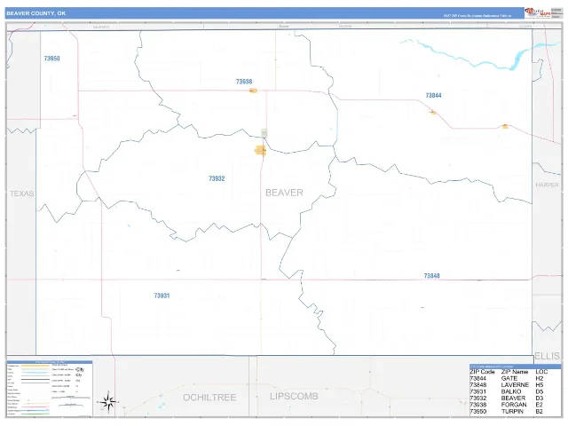 Beaver County, OK ZIP Code Wall Map, Business Reference style