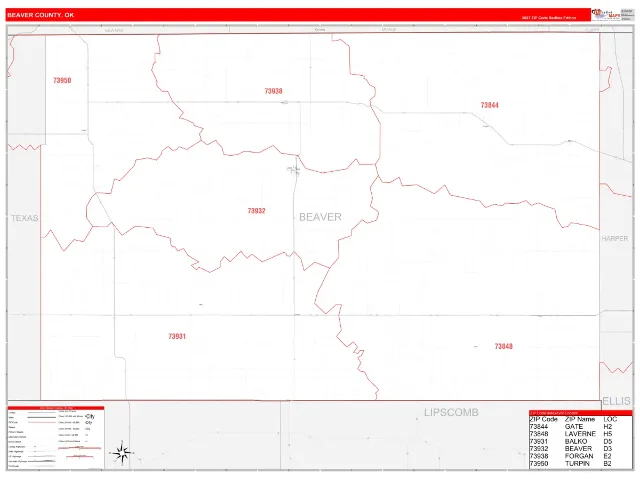 Beaver County, OK ZIP Code Wall Map, RedLine style