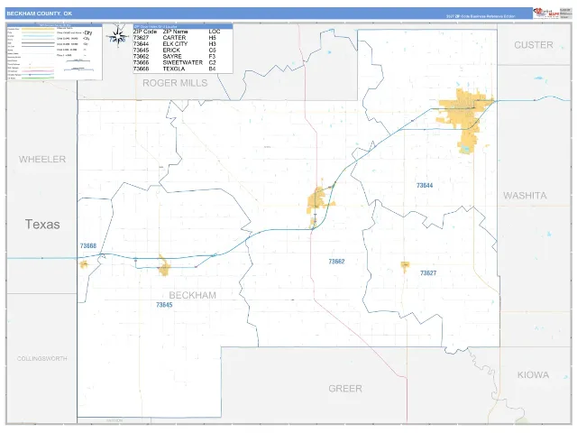 Beckham County, OK ZIP Code Wall Map, Business Reference style
