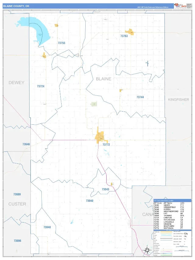 Blaine County, OK ZIP Code Wall Map, Business Reference style