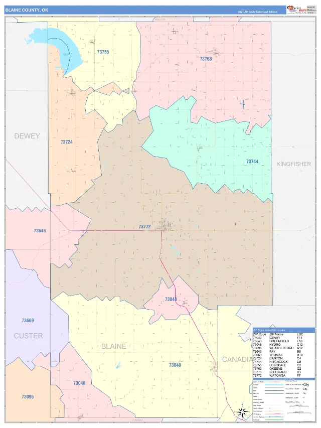 Blaine County, OK ZIP Code Wall Map, ColorCast style