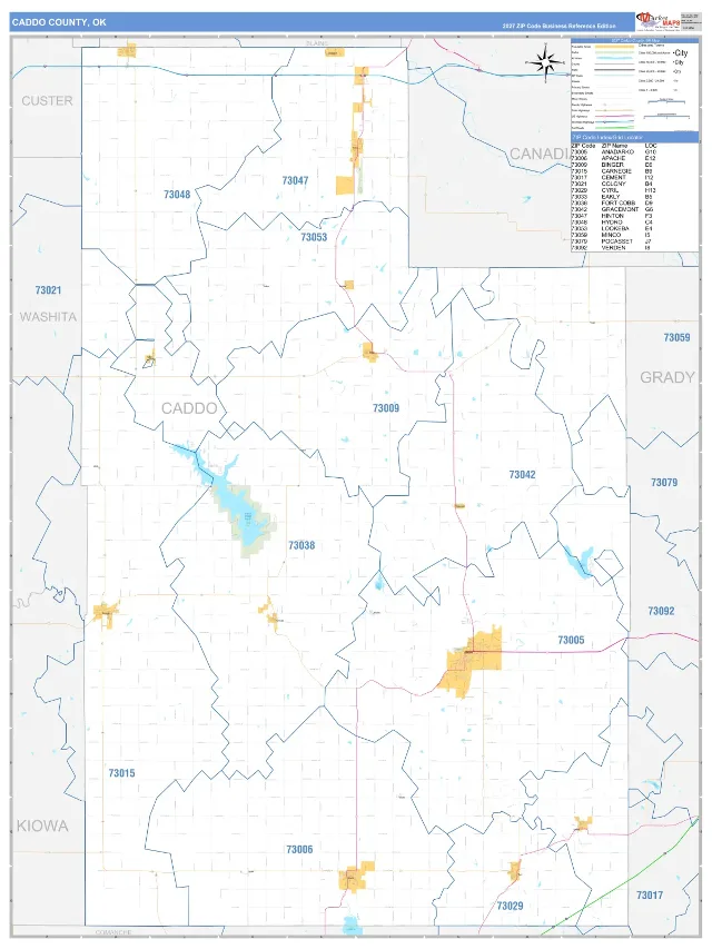 Caddo County, OK ZIP Code Wall Map, Business Reference style