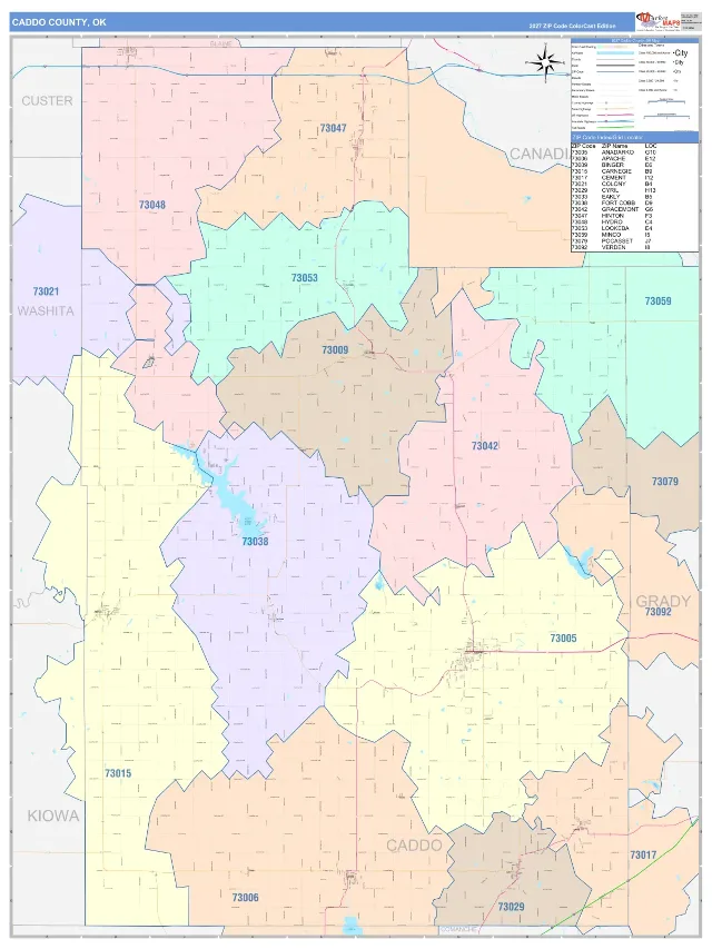 Caddo County, OK ZIP Code Wall Map, ColorCast style