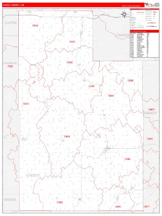 Caddo County, OK RedLine style ZIP Code wall map
