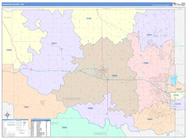 Canadian County, OK ZIP Code Wall Map, ColorCast style