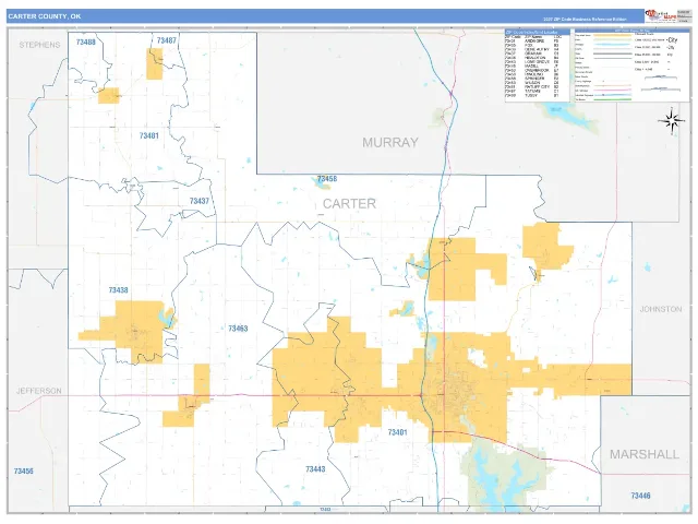 Carter County, OK ZIP Code Wall Map, Business Reference style