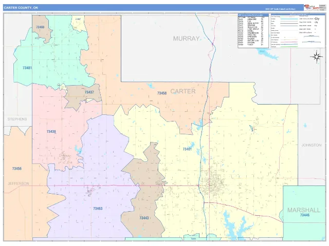 Carter County, OK ZIP Code Wall Map, ColorCast style
