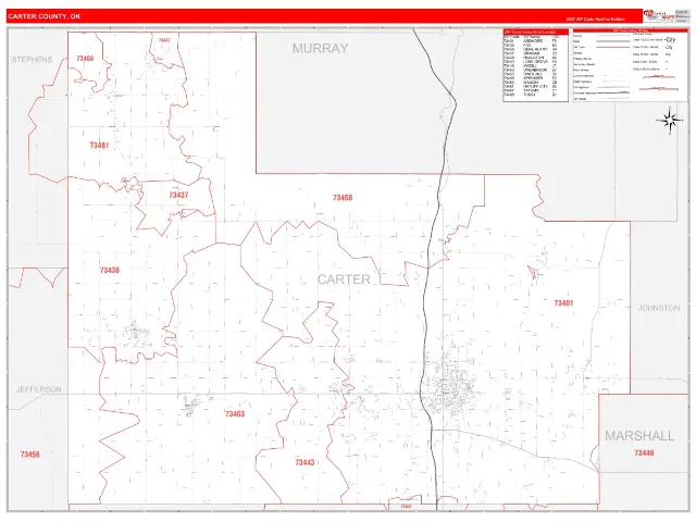 Carter County, OK ZIP Code Wall Map, RedLine style