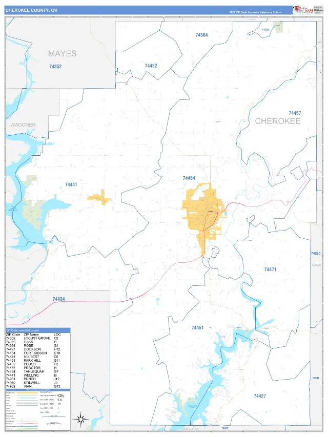 Cherokee County, OK ZIP Code Wall Map, Business Reference style